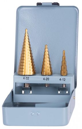 Sada stupňovitých vrtákov rovných do kovu Strend Pro, SS421, 4-12, 4-20, 4-32 mm, TiN, HSS 4241